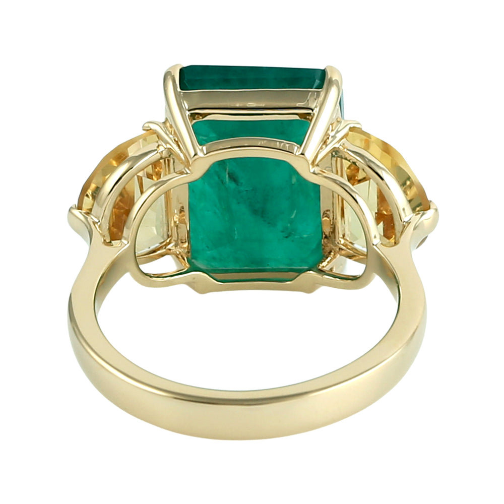 D-Cut Citrine & Emerald Gemstone Three Stone Ring in 18K Yellow Gold