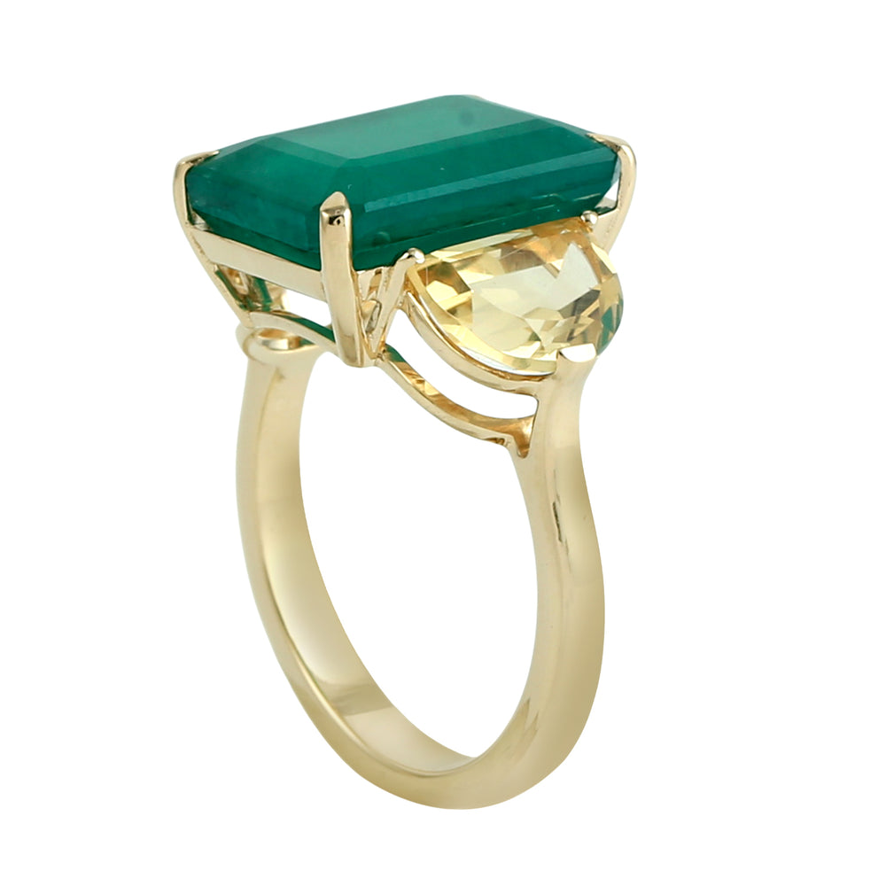 D-Cut Citrine & Emerald Gemstone Three Stone Ring in 18K Yellow Gold