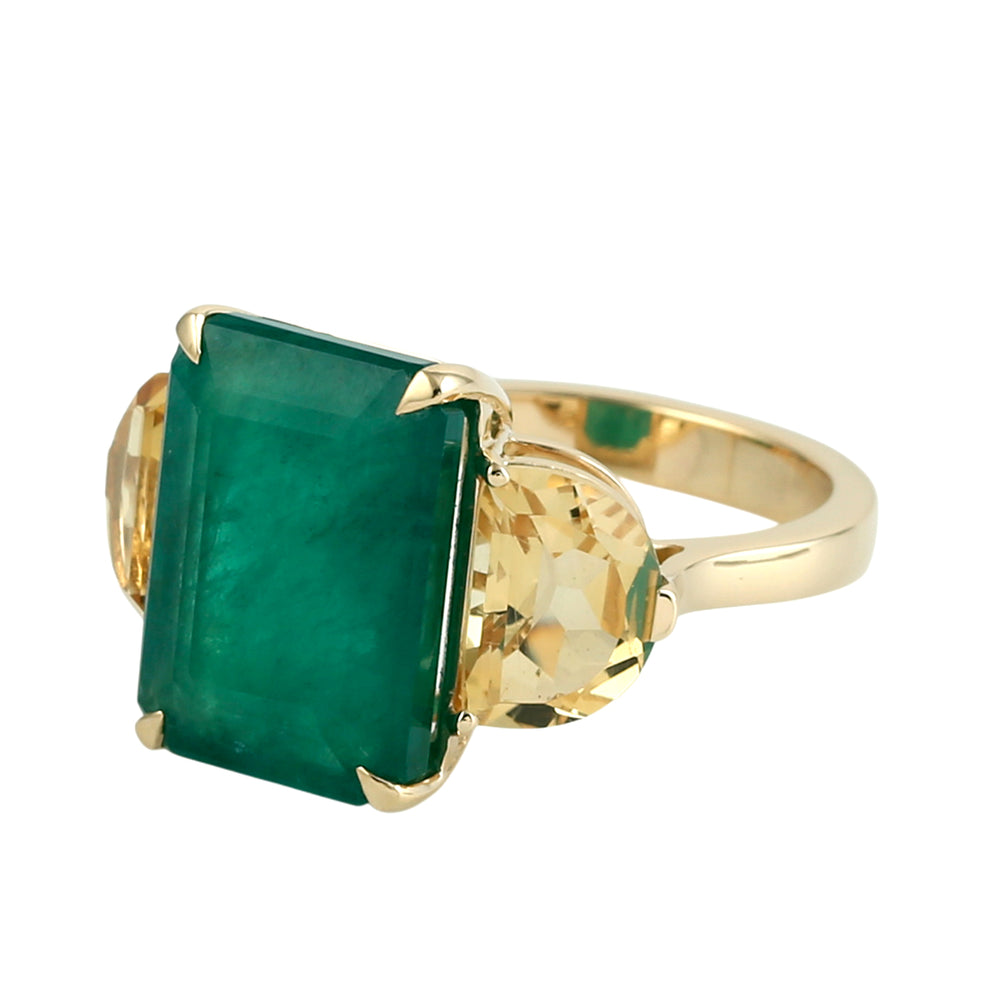 D-Cut Citrine & Emerald Gemstone Three Stone Ring in 18K Yellow Gold