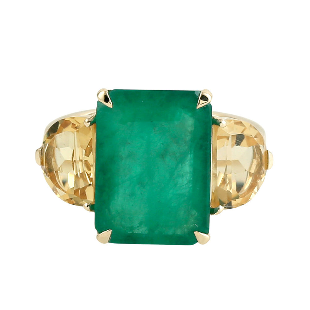 D-Cut Citrine & Emerald Gemstone Three Stone Ring in 18K Yellow Gold
