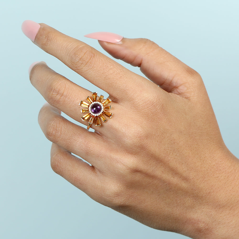 Gold Sunburst Ring with Tapered Baguette Citrine, Round Amethyst & Pave Diamond