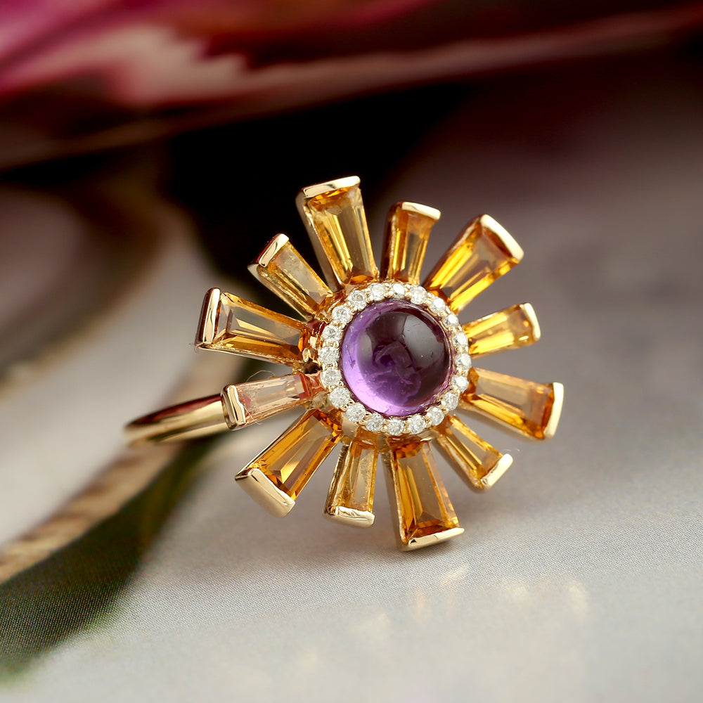 Gold Sunburst Ring with Tapered Baguette Citrine, Round Amethyst & Pave Diamond