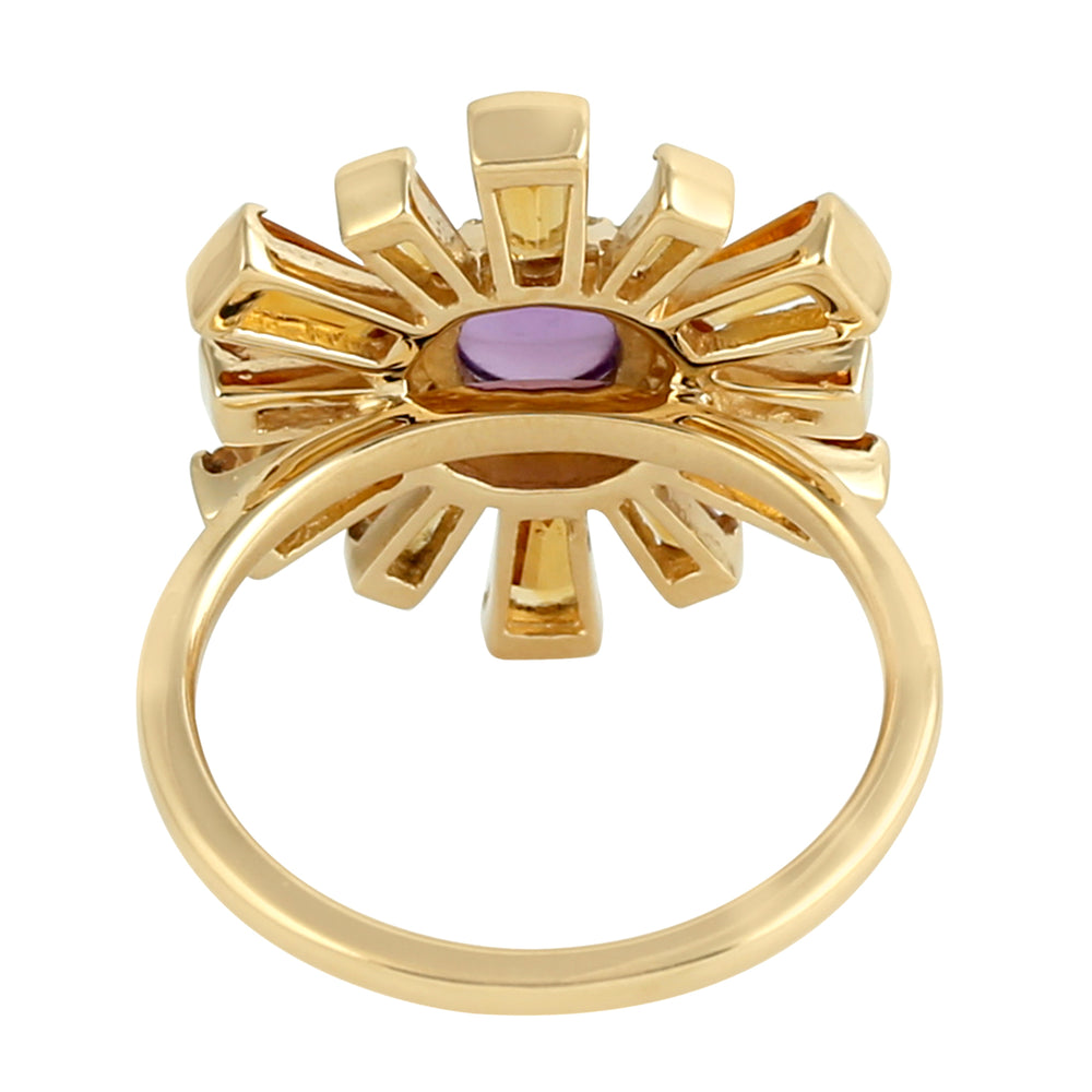 Gold Sunburst Ring with Tapered Baguette Citrine, Round Amethyst & Pave Diamond