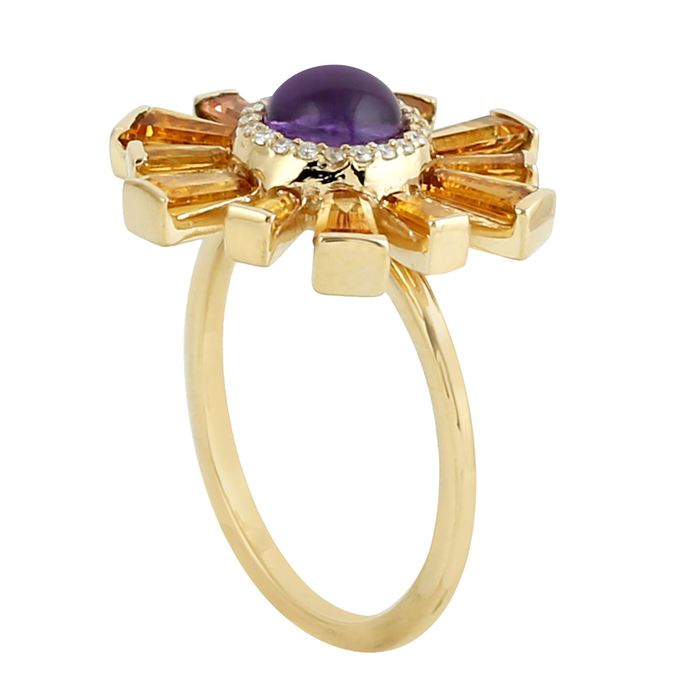 Gold Sunburst Ring with Tapered Baguette Citrine, Round Amethyst & Pave Diamond