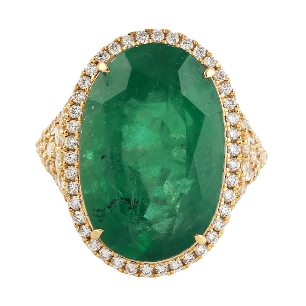 Oval Emerald & Diamond Halo Statement Ring in 18K Yellow Gold