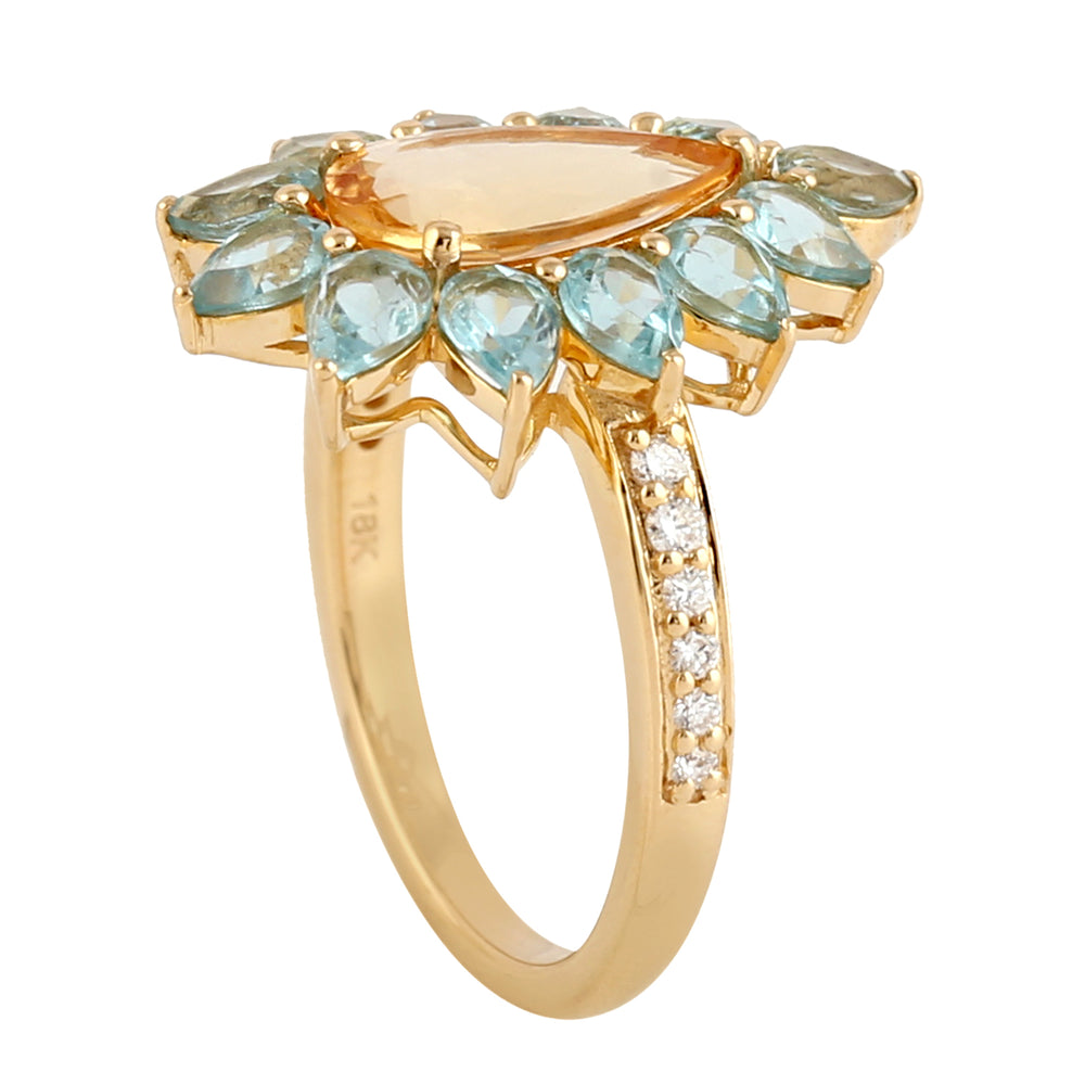 Pear Cut Topaz Imperial Prong Apatite Pave Diamond Beautiful Ring In Gold