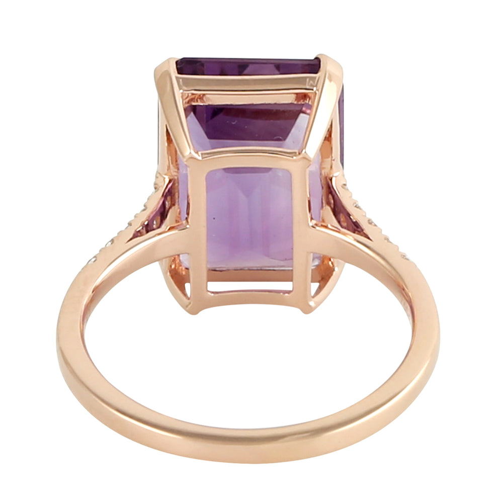 Emerald Cut Amethyst & Pave Diamond Solitaire Ring in 18K Rose Gold – Gift for Her