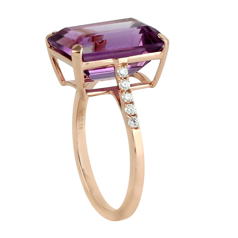 Emerald Cut Amethyst & Pave Diamond Solitaire Ring in 18K Rose Gold – Gift for Her