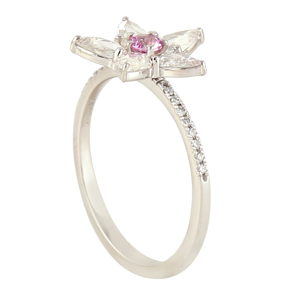 Pink Sapphire Rose Cut Diamond Daisy Flower Ring In 18k White Gold