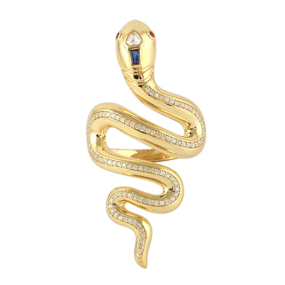 14k Yellow Gold Ruby Blue Sapphire Pave Diamond Long Serpent Ring