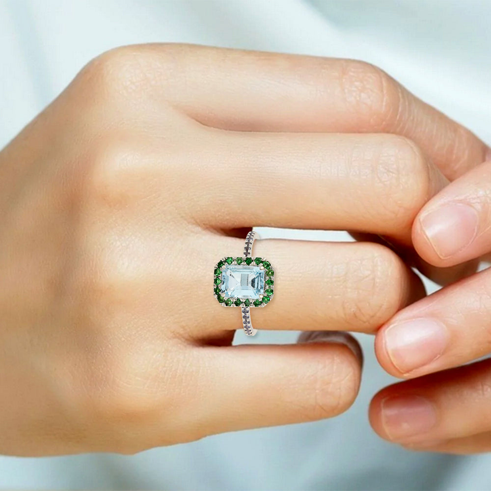 Emerald Cut Blue Topaz Pave Tsavorite Tanzanite Cocktail Ring in 18k White Gold