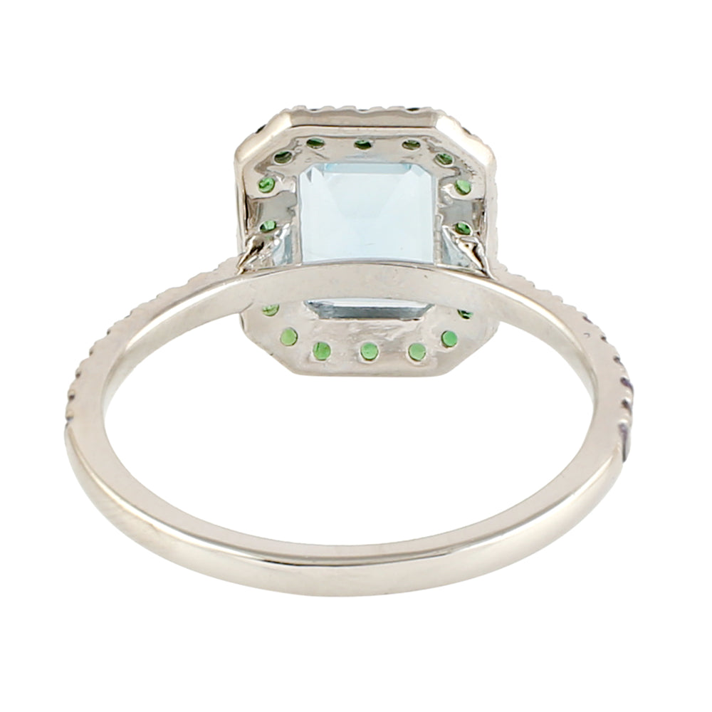 Emerald Cut Blue Topaz Pave Tsavorite Tanzanite Cocktail Ring in 18k White Gold