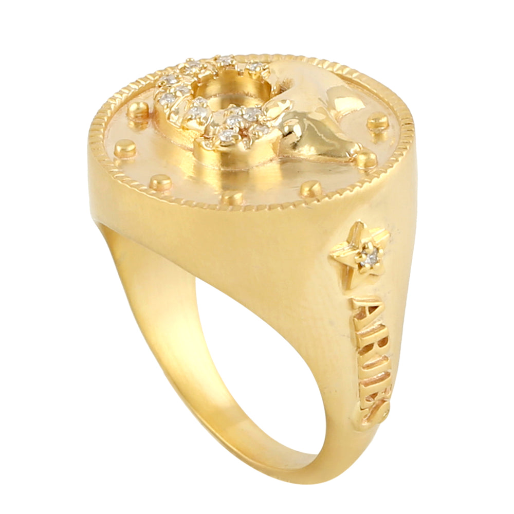 Natural Diamond March April Birth Month Aries Zodiac Signet Ring In 14k Yellow Gold For Gift