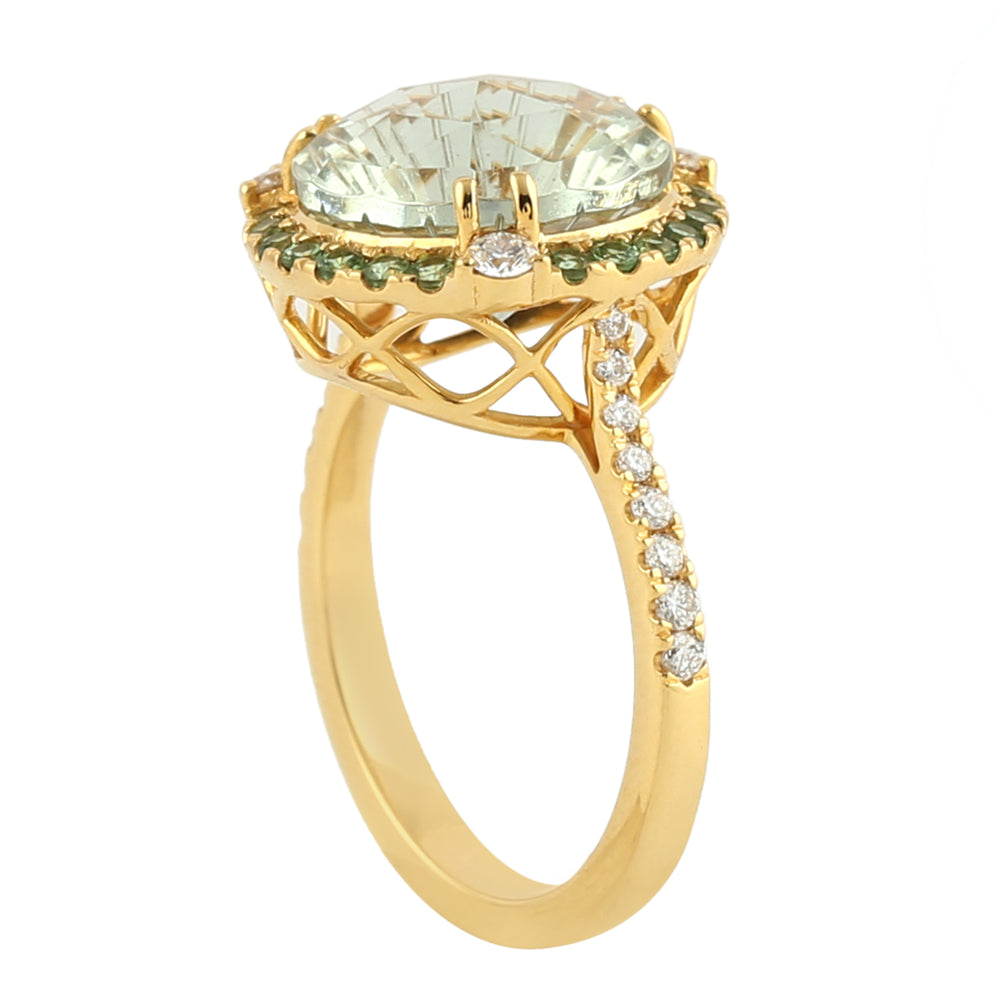 Round Green Amethyst Tsavorite & Pave Diamond Beautiful Cocktail Ring In Yellow Gold