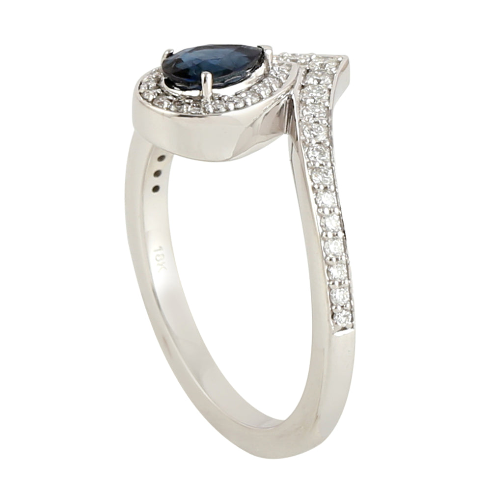 Blue Sapphire Pave Diamond Statement Ring in 18k White Gold For Her