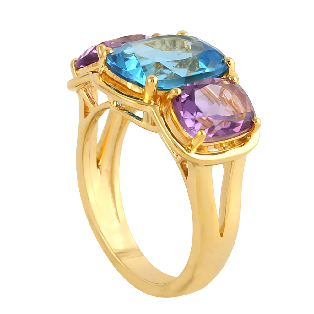 Amethyst & Topaz Gemstone Three Stone Ring Birthstone Jewelry In 18k Yellow Gold