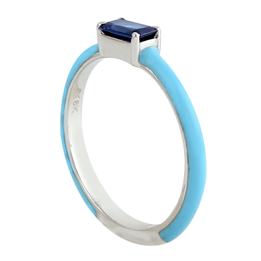 Baguette Blue Sapphire September Birthstone Enamel Delicate Band Ring in 18k Yellow Gold