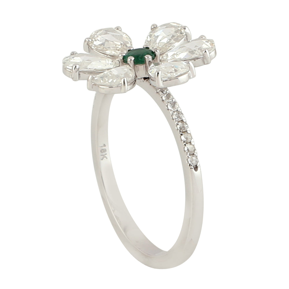 Round Emerald Rose Cut Diamond Daisy Flower Ring in White Gold For Her