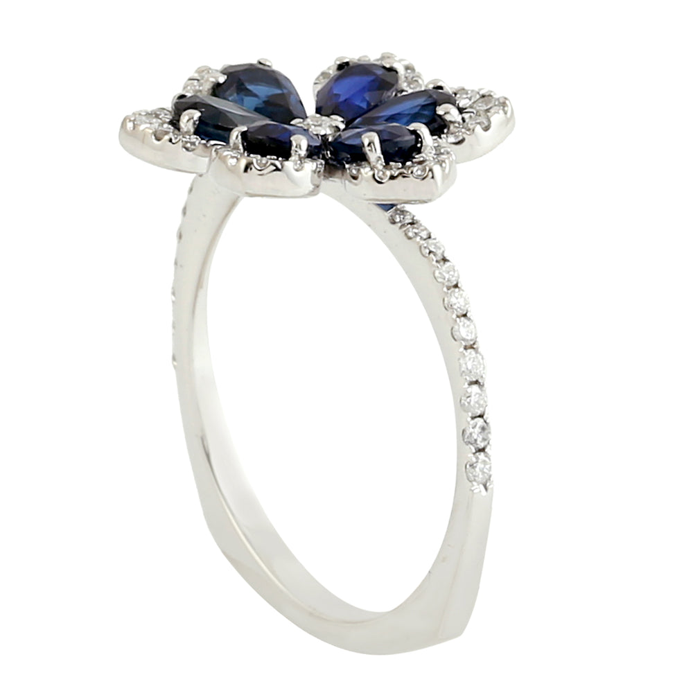 Pear Cut Blue Sapphire & Pave Diamond Daisy Floral Ring in 18K White Gold – Elegant Designer Jewelry for Her