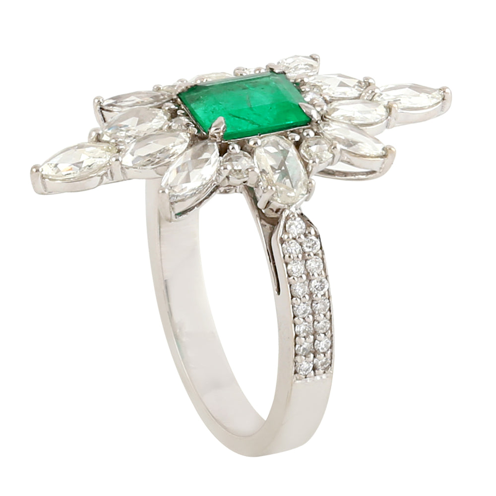 Emerald Gemstone Rose Cut Diamond Long Ring in 18k White Gold