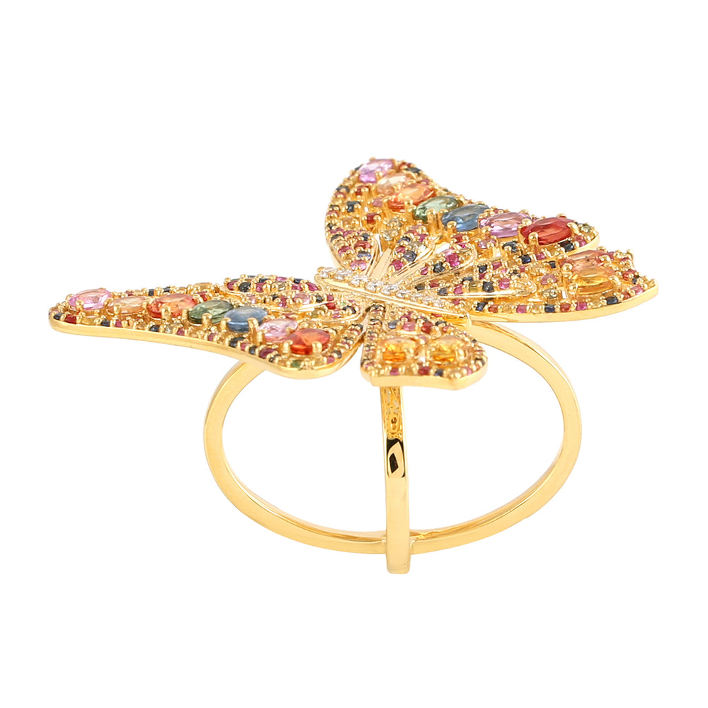 Rainbow Sapphire Gemstone Pave Diamond Butterfly Ring In 18k Yellow Gold