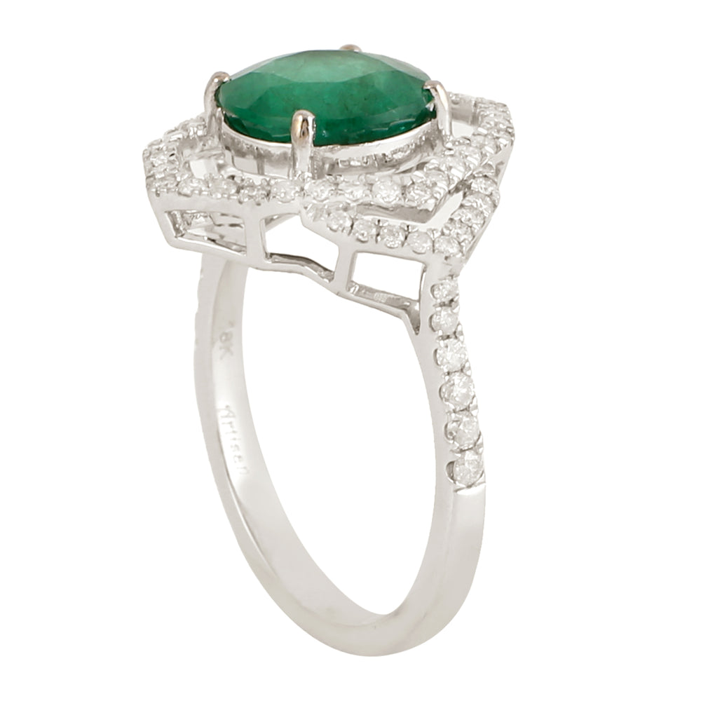 Natural Emerald & Diamond Solitaire Cocktail Ring in 18k White Gold