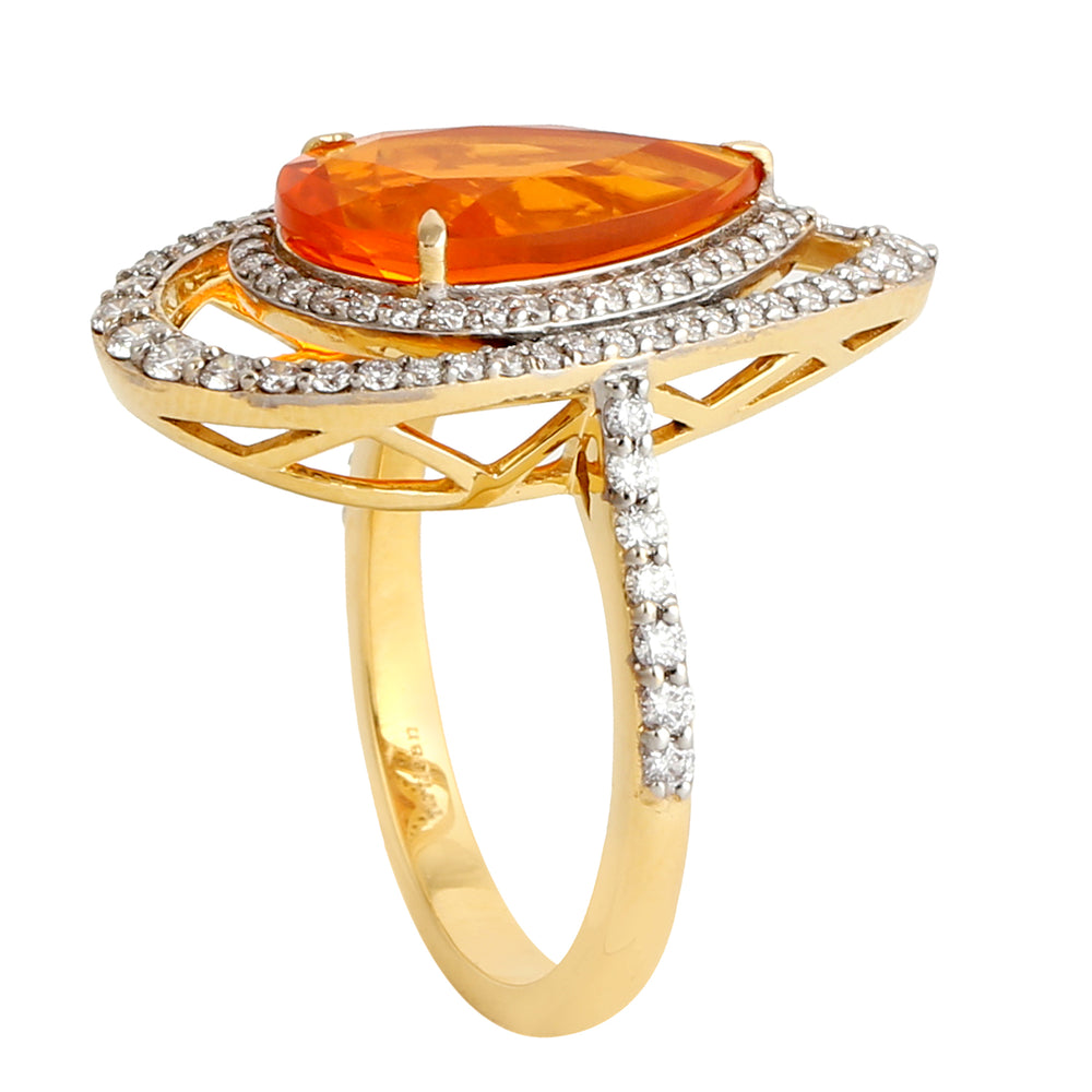 Pear Cut Fire Opal Gemstone Halo Long Ring with Pave Diamonds in 18K Yellow Gold