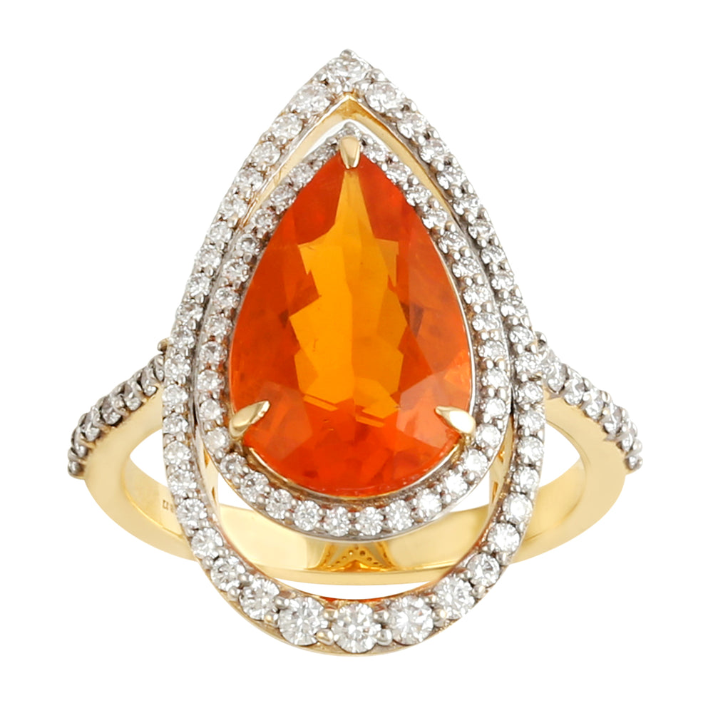 Pear Cut Fire Opal Gemstone Halo Long Ring with Pave Diamonds in 18K Yellow Gold