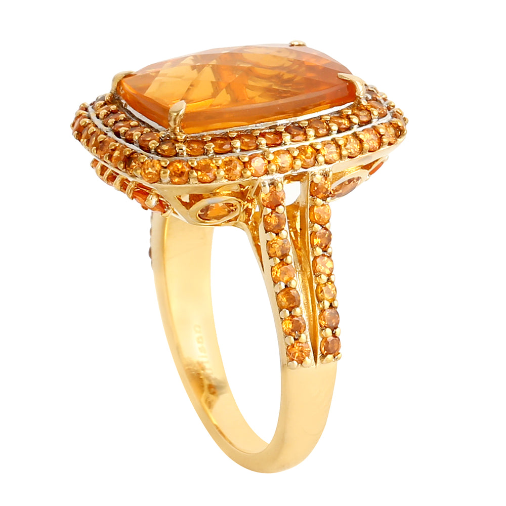 Cushion Opal Fire Prong Garnet Mandarin Gemstone Cocktail Ring In 18k Yellow Gold