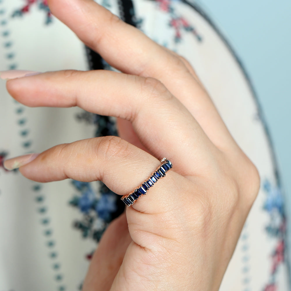 14k Rose Gold Baguette Blue Sapphire Gemstone Eternity Band Ring