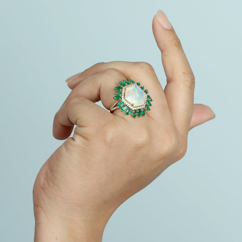 Hexagon Opal Ethiopian Pear Cut Emerald Pave Diamond In Gold Cocktail Ring