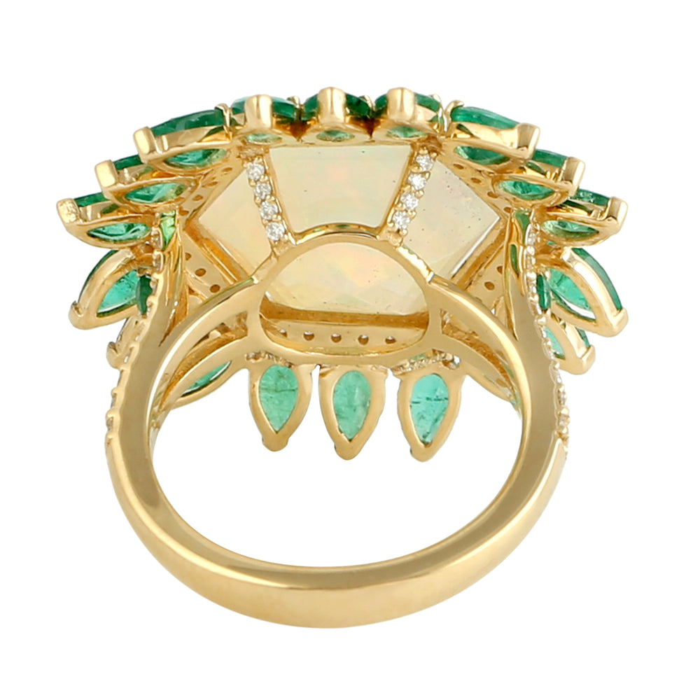 Hexagon Opal Ethiopian Pear Cut Emerald Pave Diamond In Gold Cocktail Ring