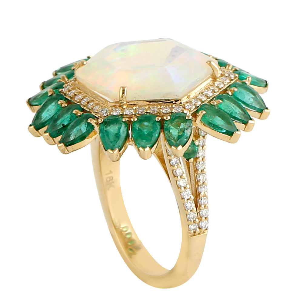 Hexagon Opal Ethiopian Pear Cut Emerald Pave Diamond In Gold Cocktail Ring