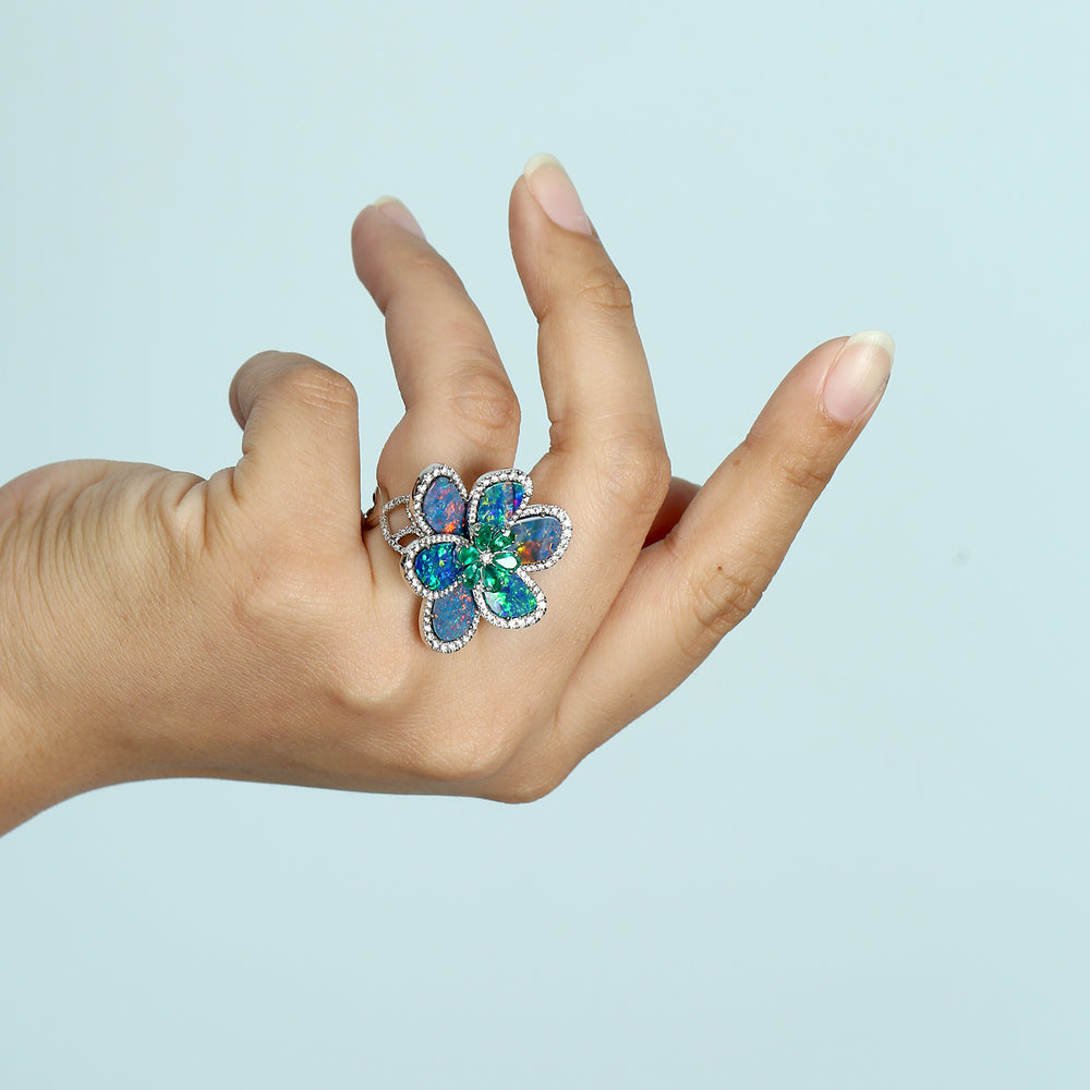 Blue Opal, Emerald & Diamond Floral Cocktail Ring in 18K White Gold