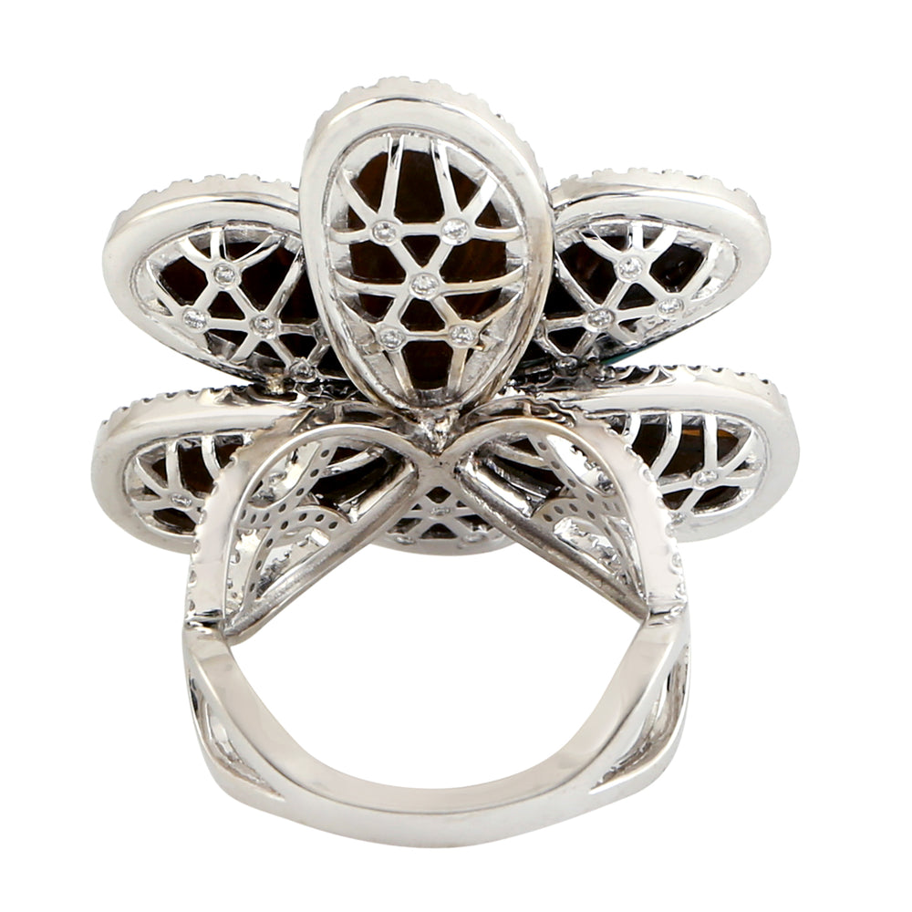 Blue Opal, Emerald & Diamond Floral Cocktail Ring in 18K White Gold