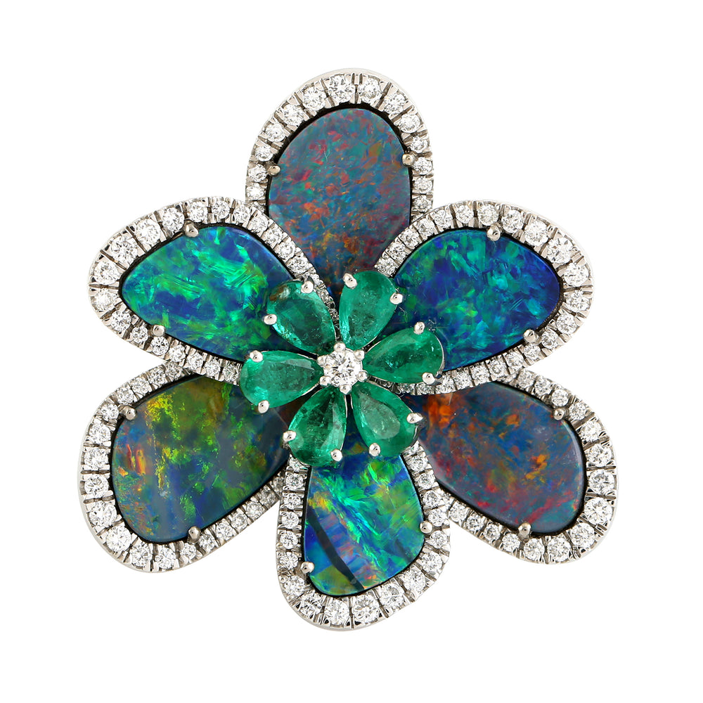 Blue Opal, Emerald & Diamond Floral Cocktail Ring in 18K White Gold