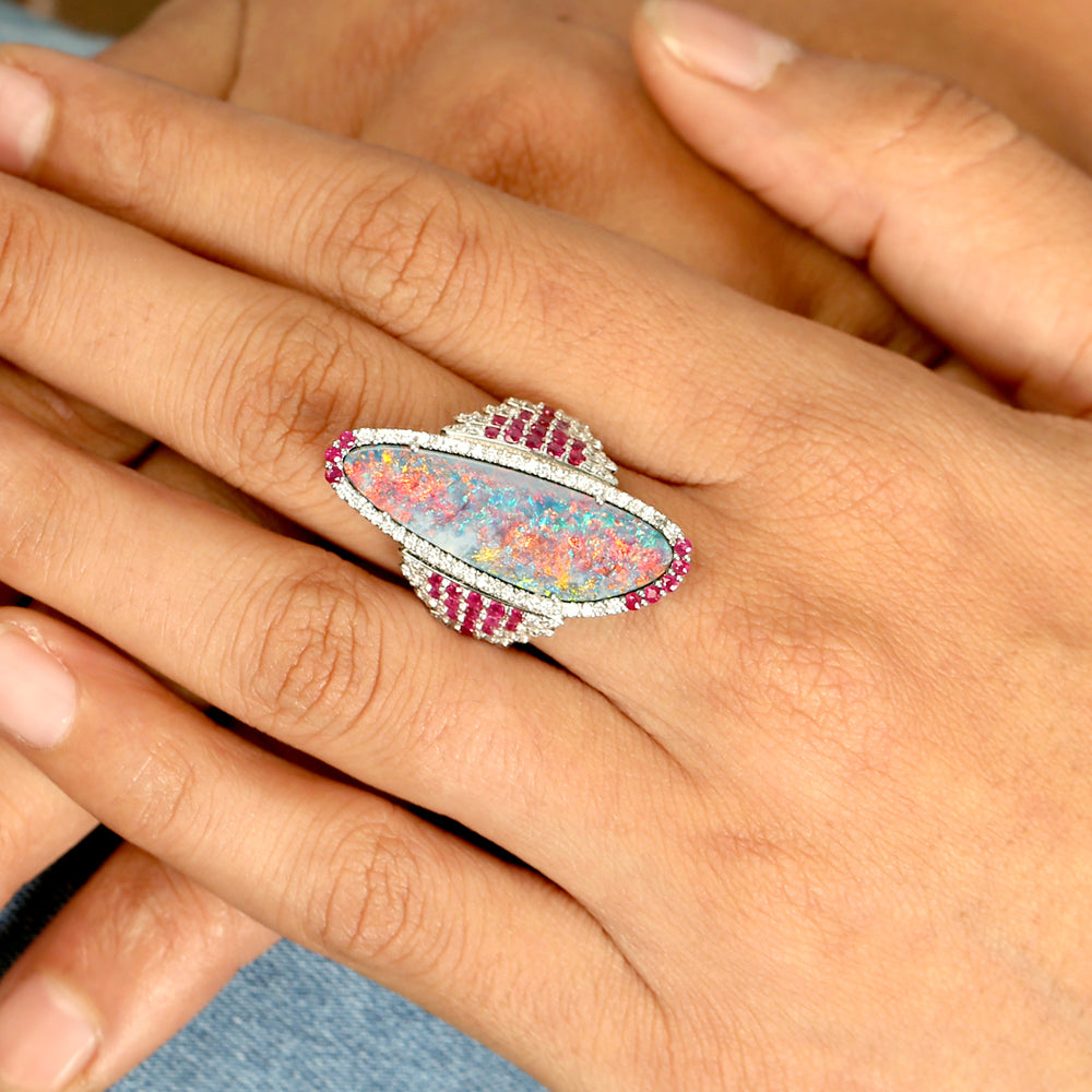 Handmade Opal Doublet & Pave Diamond Cocktail Ring in 18K White Gold for Women