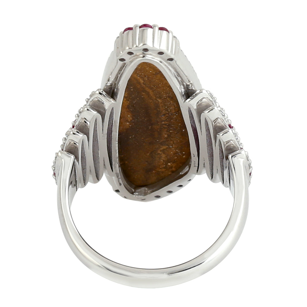 Handmade Opal Doublet & Pave Diamond Cocktail Ring in 18K White Gold for Women