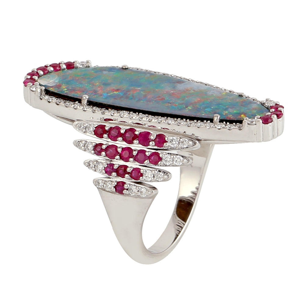 Handmade Opal Doublet & Pave Diamond Cocktail Ring in 18K White Gold for Women