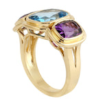 Cushion Cut Blue Topaz Bezel Set Amethyst Three stone Cocktail Ring In 18k Yellow Gold