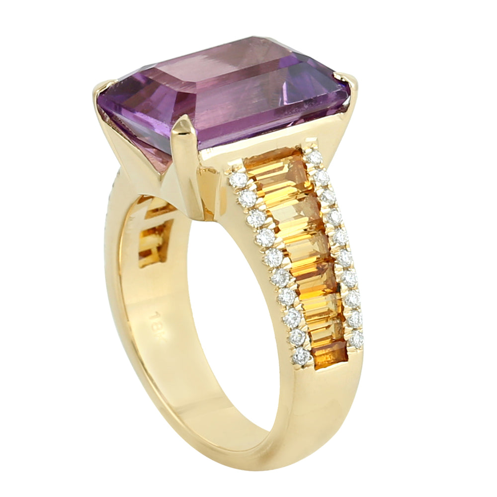 Gold Cocktail Ring with Amethyst, Citrine & Pave Diamonds – Multi-Gemstone Statement Ring