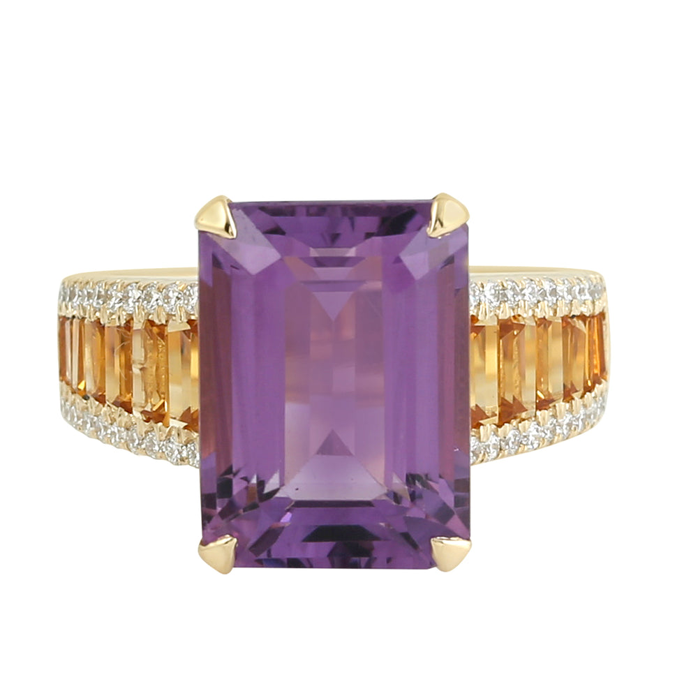 Gold Cocktail Ring with Amethyst, Citrine & Pave Diamonds – Multi-Gemstone Statement Ring