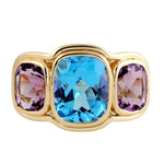 Cushion Cut Blue Topaz Bezel Set Amethyst Three Stone Ring In 18k Yellow Gold Gift