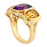 Cushion Cut Citrine Bezel Set Amethyst Three Stone In 18k Yellow Gold Ring Gift