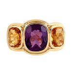 Cushion Cut Citrine Bezel Set Amethyst Three Stone In 18k Yellow Gold Ring Gift