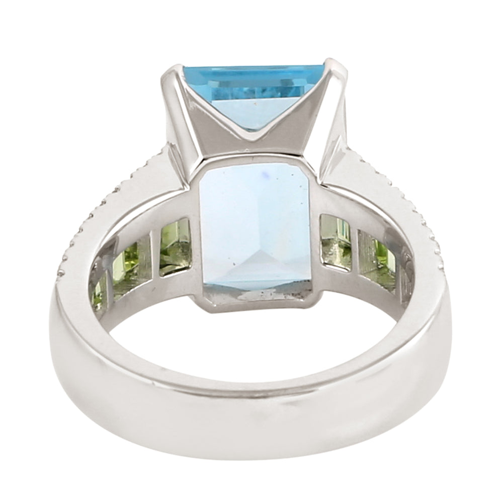 Blue Topaz Channel Set Baguette Peridot Pave Diamond Solitaire Ring In White Gold