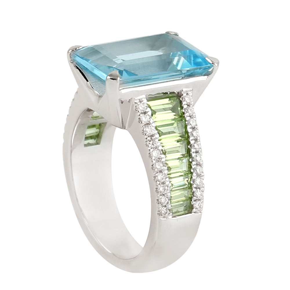 Blue Topaz Channel Set Baguette Peridot Pave Diamond Solitaire Ring In White Gold