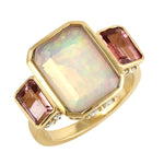 Octagon Cut Opal Ethiopian Baguette Pink Tourmaline Prong Diamond In Gold Engagement Ring