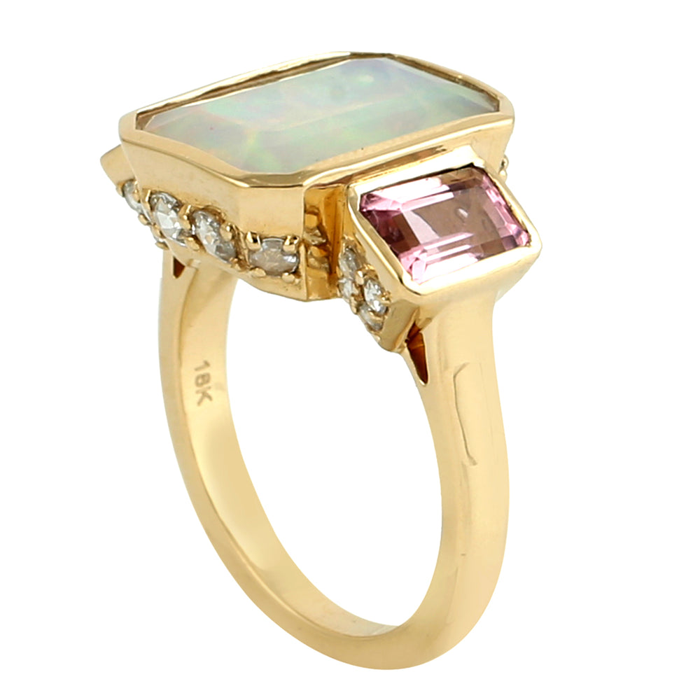 Octagon Cut Opal Ethiopian Baguette Pink Tourmaline Prong Diamond In Gold Engagement Ring