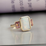 Octagon Cut Opal Ethiopian Baguette Pink Tourmaline Prong Diamond In Gold Engagement Ring